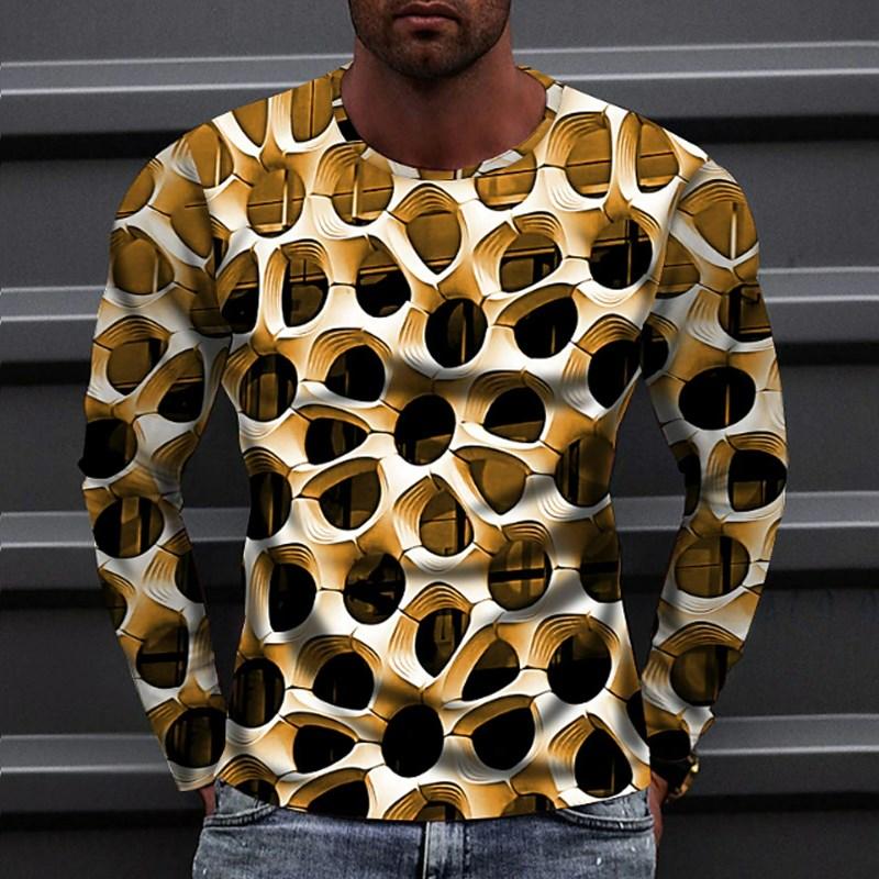 Осенняя мужская футболка с круглым вырезом и длинным рукавом с оптической иллюзией и 3D-печатью, модный топ, пуловер, футболки, мужская одежда