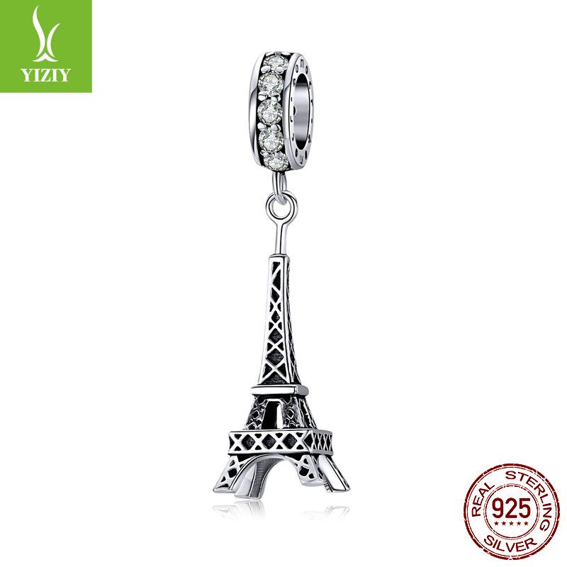 S925 Sterling Silver Hollow Tower Pendant, Retro Romantic Building Bracelet Beaded Bsc154