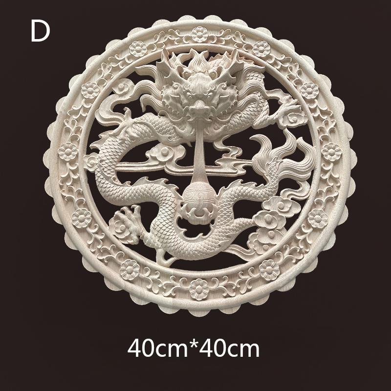 Round Chinese Dragon Wood Carving Applique Antique Onlays Mouldings Wood Figurines for Furniture Decoration Vintage Decor Floral