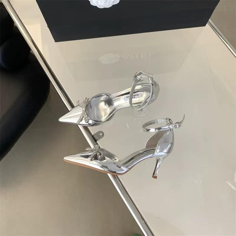 Fashion Women's Stiletto Sandals Spring New Pointy Head Shallow Mouth Rhinestone Butterfly Knot Anti-slip Wear-resistant High Heels