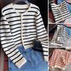 2024 Women Girl Striped Knitted Sweater O-neck Long Sleeves Single Breasted Jacket Soft Solid Color Loose Cardigan