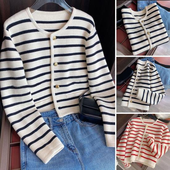 Женский полосатый вязаный свитер для девочек с круглым вырезом и длинными рукавами, однобортный пиджак