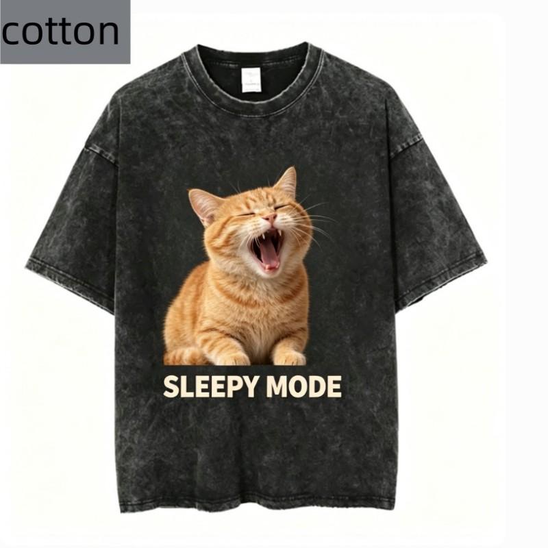 Vintage Wash Do Not Disturb Cat Graphic Tee Women Pure Cotton Retro Aesthetic Harajuku Streetwear Style Casual Fashionable Top