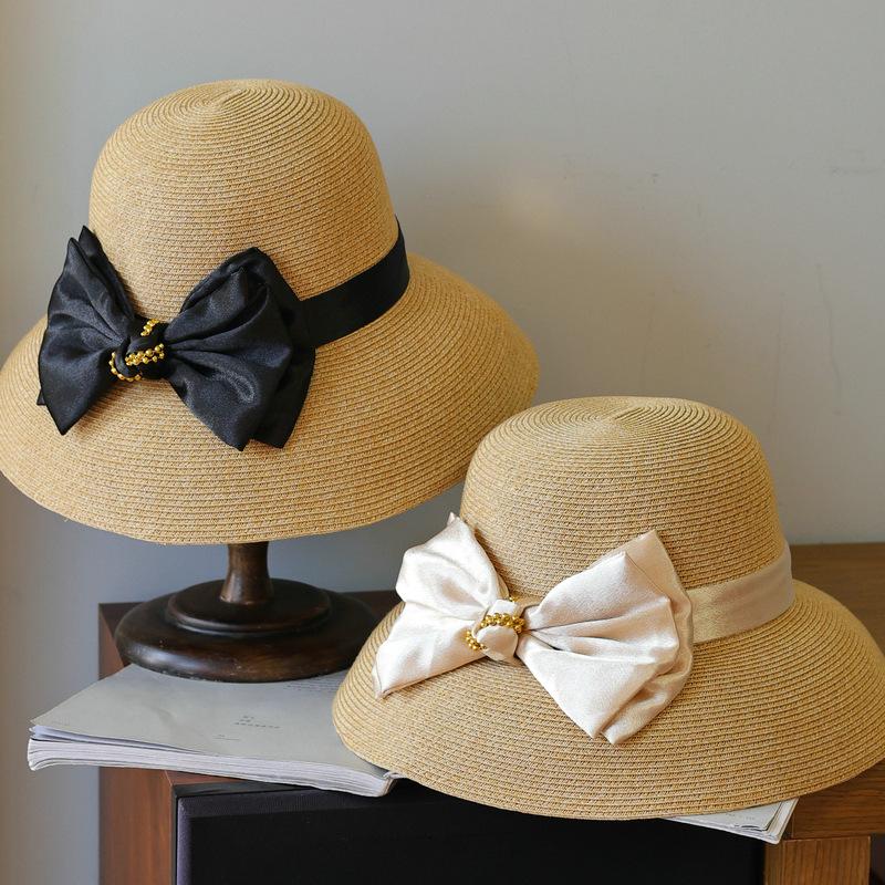 Satin gold bead bow big eaves temperament straw hat women French elegant vacation sun protection seaside basin hat summer