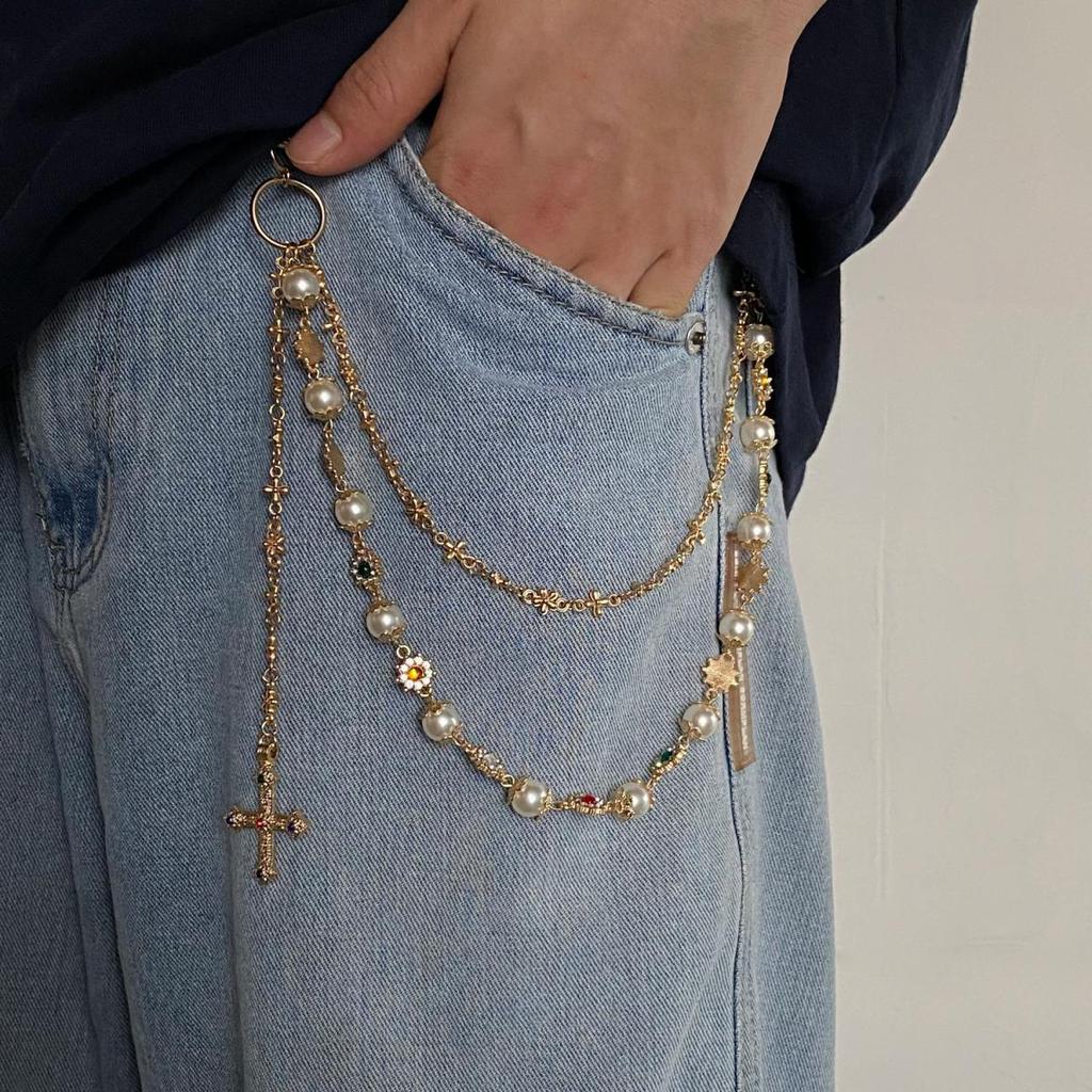 Punk Colorful Zircon Cross Pendant Pants Chain for Women Men Gothic Multi Layer Imitation Pearl Chain Waist Chain Jeans Jewelry