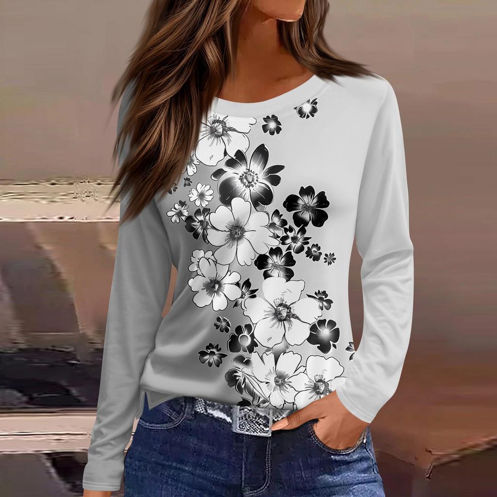 Женская модная повседневная свободная футболка с принтом и круглым вырезом с разрезом и длинным рукавом, женский топ