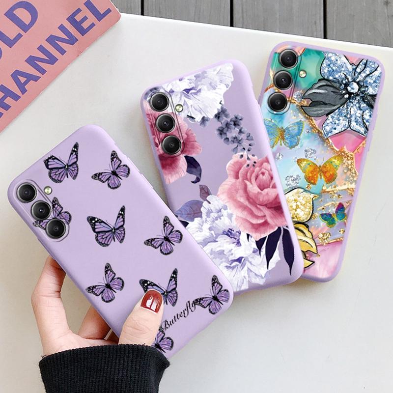 Мягкий силиконовый чехол Butterfly Purple для Xiaomi Redmi Note 13 Pro 13C 14 Samsung A35 A55 M35 Huawei Honor 200 iPhone Camera Защитный противоударный чехол
