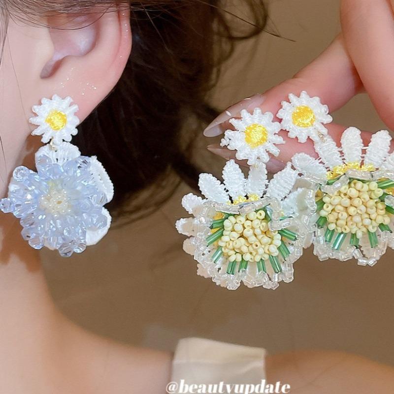 Серебряная игла летняя вязаная ткань кристальный цветочный кулон серьги сладкий отпускной стиль серьги нишевые высококлассные серьги женские