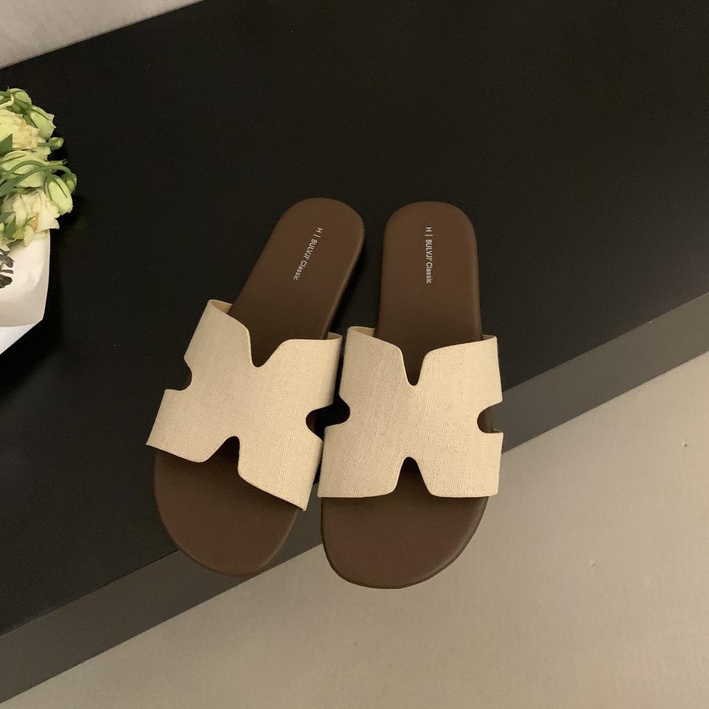 French Linen One-word Flat-bottomed Cool Slippers Women's Summer Wear 2025 New Vacation Style Seaside Soft Sandals