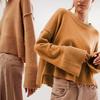 Knitted Sweater Women Casual Solid Color O-neck Flared Long Sleeve Pullover Jumper High