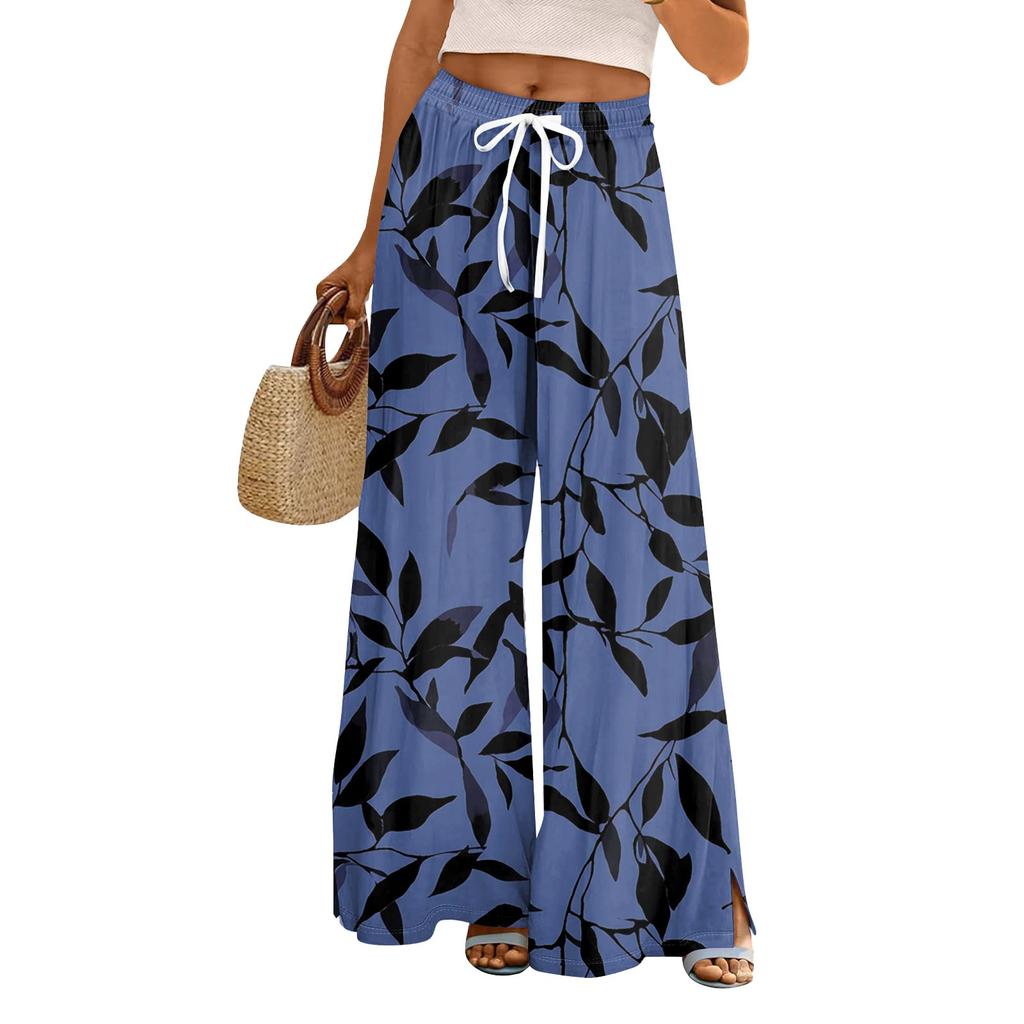 Women's Loose Casual Floral Print Wide Leg Pants With Elastic Waist Drawstring And Pocket Pants