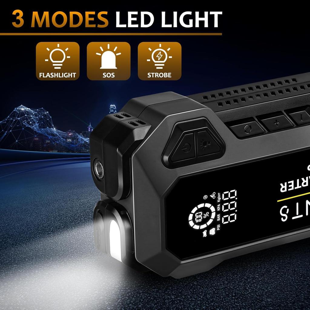 Пуско-зарядное устройство 4000А с компрессором, 12В портативное зарядное устройство для автомобильного аккумулятора, светодиодный фонарь и быстрая зарядка для бензиновых двигателей до 10 л