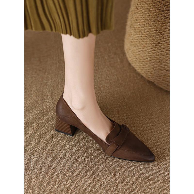 Женские туфли ручной работы из коровьей кожи 2025 года, новые кожаные мокасины с острым носком, французские ретро туфли на среднем толстом каблуке, женские летние туфли