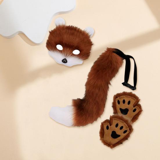 Furry Therian Costume Set for Girls Women Faux Fur Tail Plush Masque Fluffy Paw Gloves Set Fox Cat Wolf Animal Cosplay Accessories for Halloween
