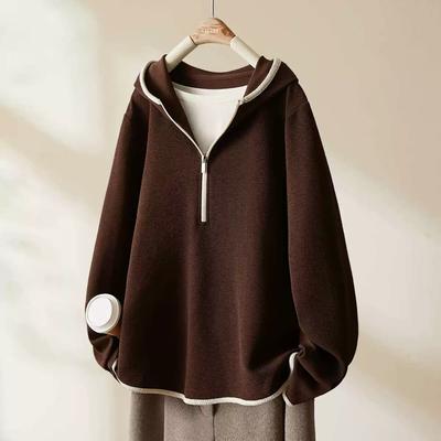 Американский весенне-осенний свитер с полумолнией для женщин, осенний новый контрастный цвет, свободный топ с капюшоном