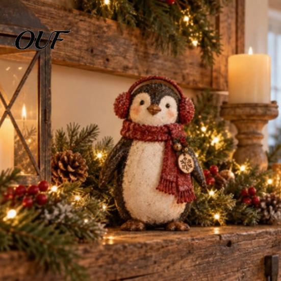 Desktop Figurines for Office Christmas Penguin Ornament with Scarf, Resin Winter Animal Figurine, Party Favors Charming Statue Holiday Desk Decor And
