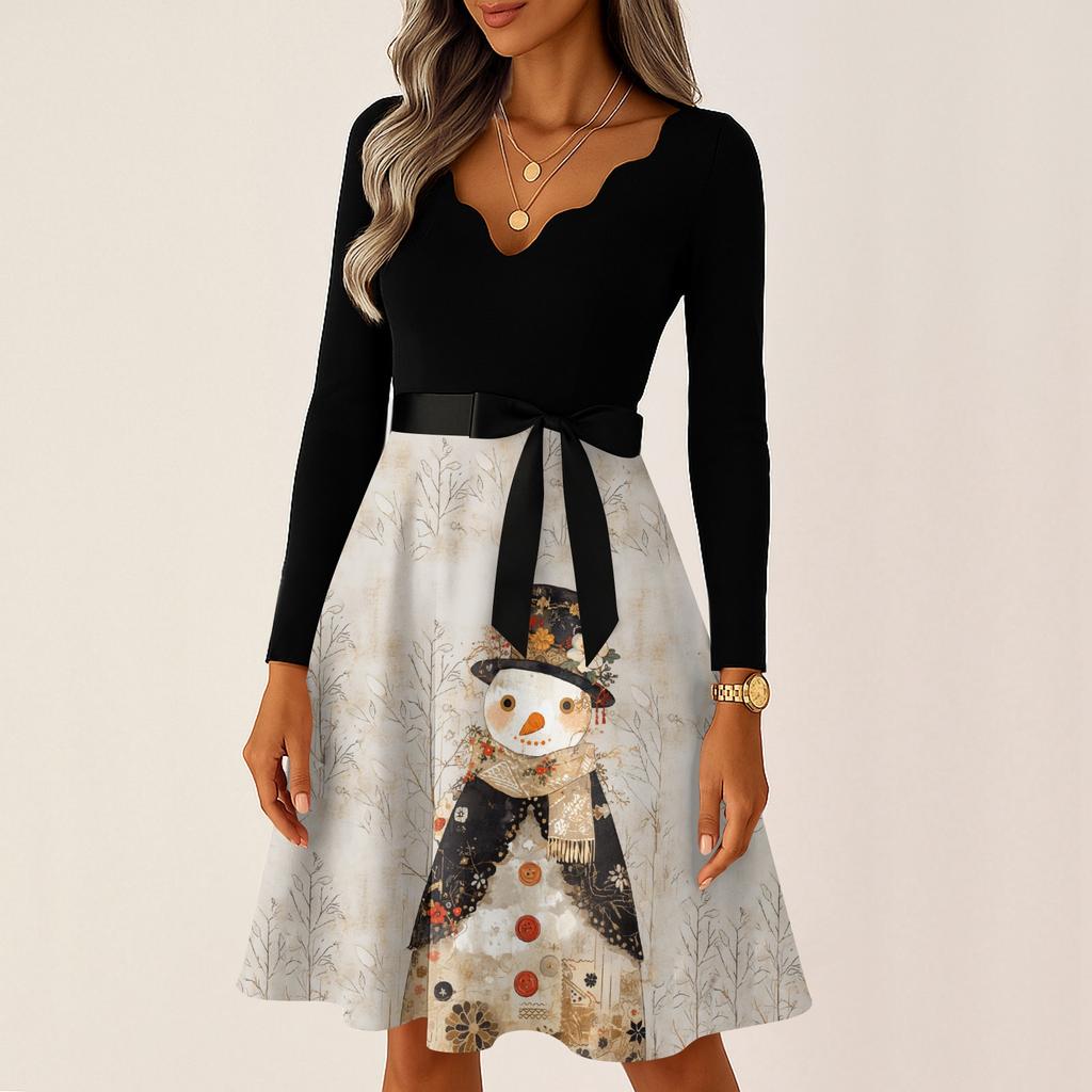 Женское повседневное модное платье с V-образным вырезом и длинными рукавами в стиле ретро с рождественским принтом