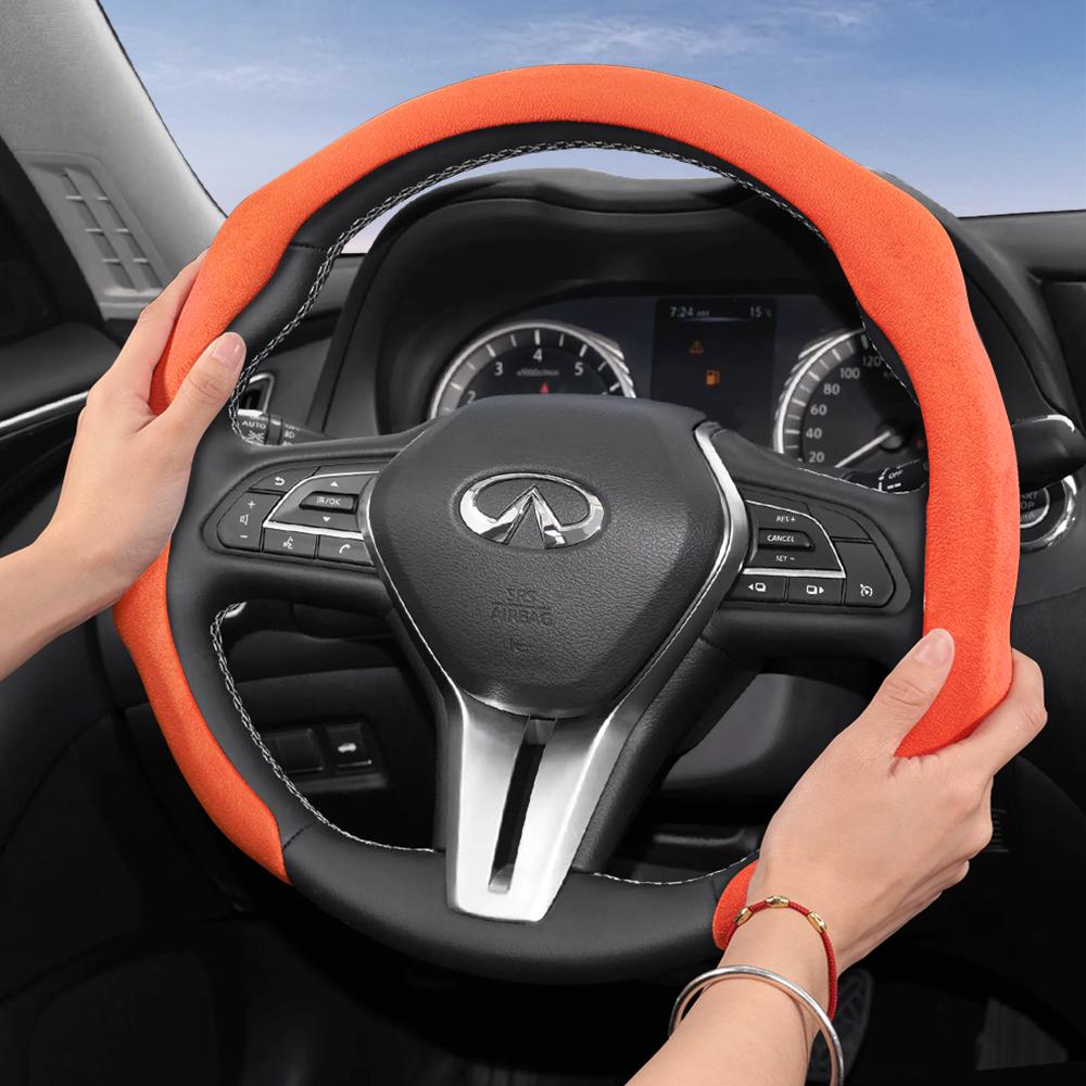 bpzsw1 Suitable for Infiniti Premium Suede Snap-On Steering Wheel Cover, Non-Slip and Durable, Available for Round and D-Shaped