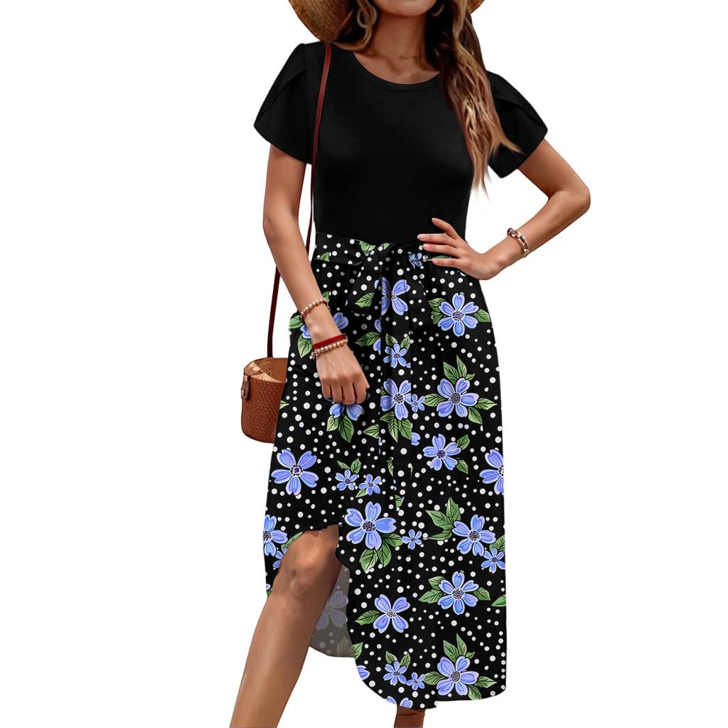 Women's Casual Cute Pattern Print Round Neck Midi Dress Basic Classic Outdoor Everyday Short Sleeve Loose Dress