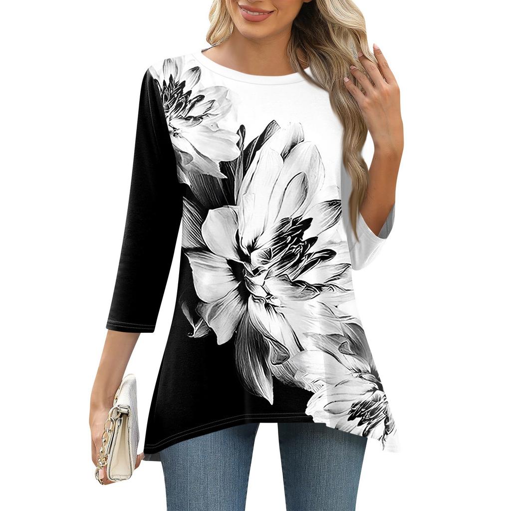 3/4 Sleeve Tunic Tops For Women Printed Daily Weekend Loose Fit Fashion Basic Round Neck T Shirt