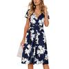 Women Summer Short Sleeve Deep V Neck Flower Printed One Piece Dress