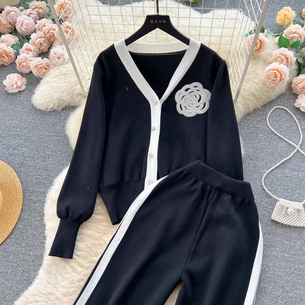 Высококачественный повседневный вязаный модный комплект знаменитостей для женщин, осенне-зимняя рубашка со свободными рукавами + драпированные брюки с высокой талией из двух предметов