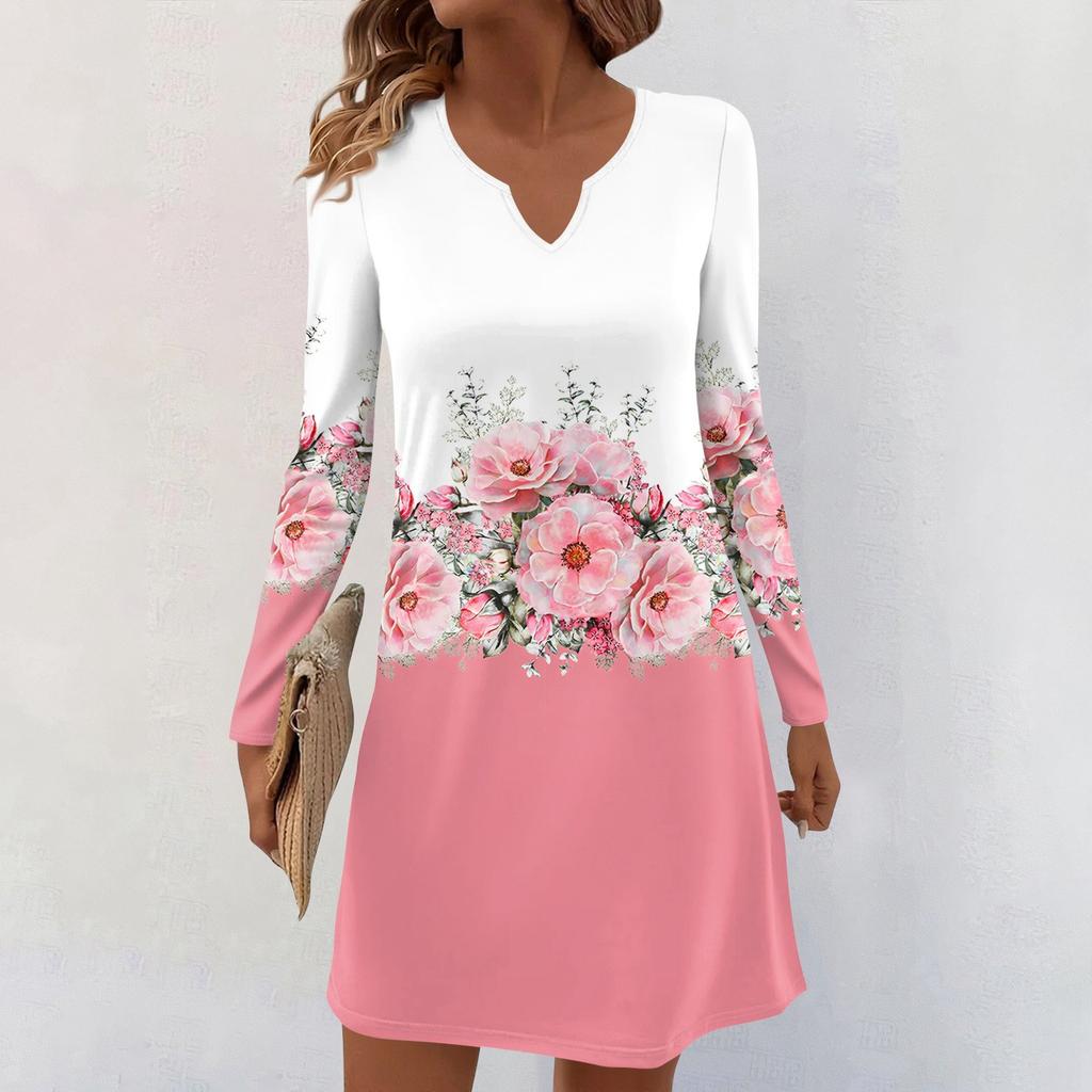 Women's Long-sleeved Casual Midi Dresses V-Neck Print Casual Dress