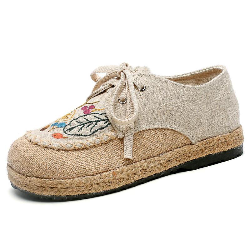 Johnature Cotton Linen Flats Women Shoes Lace-up Spring Round Toe Embroider Concise Comfortable Handmade Ladies Shoes