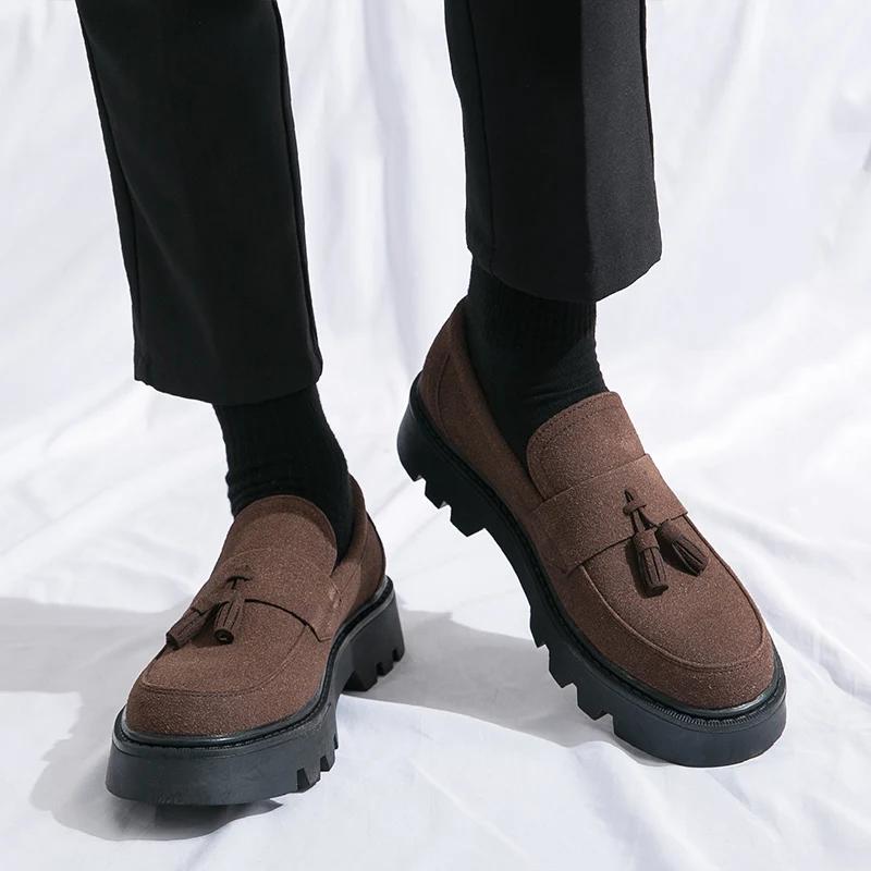 Замшевые коричневые мокасины высокого качества с толстой подошвой мужские оксфордские туфли удобные официальные деловые туфли повседневная мужская обувь