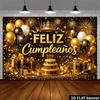 2D flat birthday-themed backdrop with a classic black and gold color scheme featuring a golden crown and "FELIZ Cumpleaños"