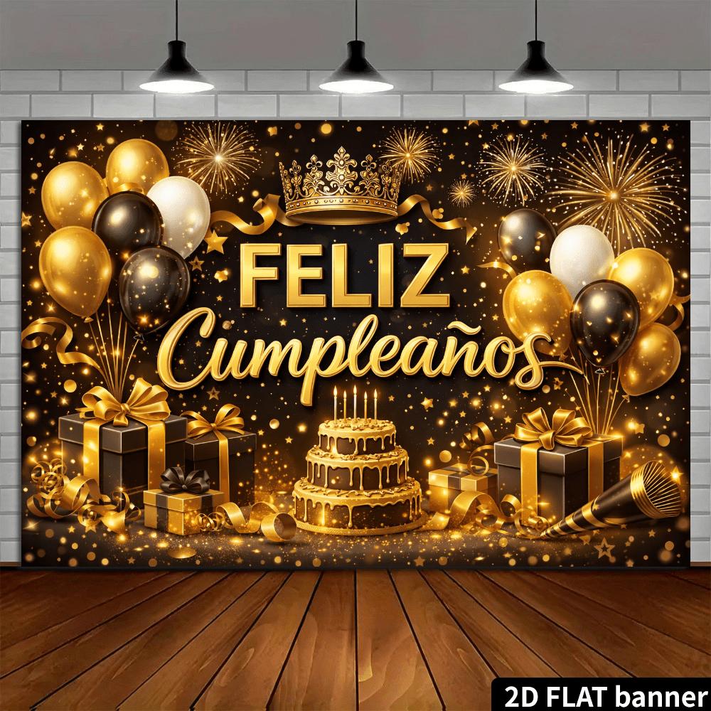 2D flat birthday-themed backdrop with a classic black and gold color scheme featuring a golden crown and "FELIZ Cumpleaños"
