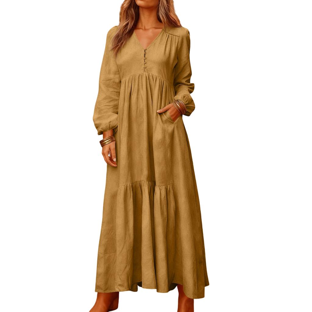 Women's Fashionable Solid Color V-neck Long Sleeved Loose Button Cotton Linen Retro Large Swing Long Casual Dress