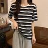 Short-sleeved T-shirt for Women, Black Striped Summer Loose Inner, Hong Kong Style Retro Embroidery Design, Slim Round Neck Top