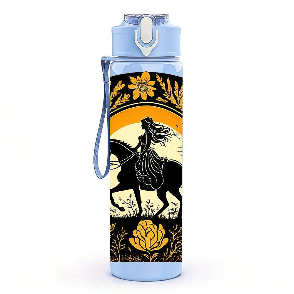 1PC Cowboy Horse Vintage Badge Print 750ml Color Plastic Sports Water Bottle Leakproof Flip Straw Lid Suitable for Sports Office Home Use