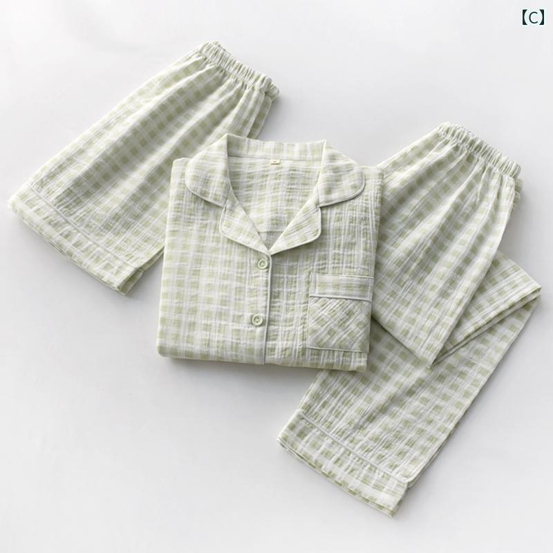 Пижама топ низ тонкая Muji весна лето женская клетка хлопковая марля легкая свободная короткий рукав шорты длинные брюки комплект из 3 предметов