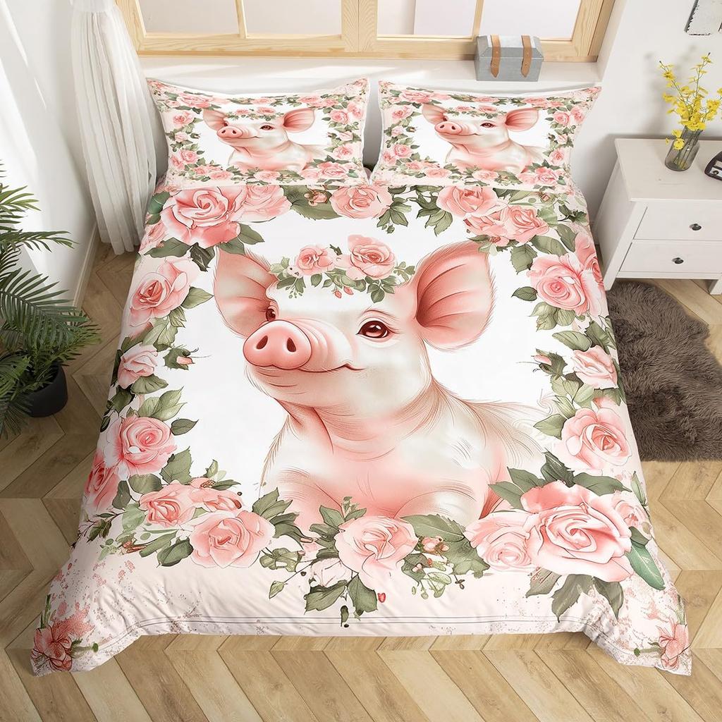 Pink Pig Bedding Set King Queen Sleeping Pig Duvet Cover For Kids Boys Girls Kawaii Animals Comforter Cover With 2 Pillowcases