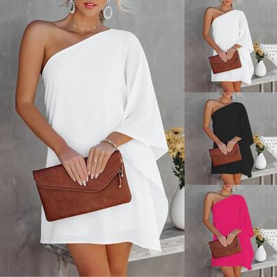 Женское повседневное модное свободное однотонное платье с кукольными рукавами на одно плечо