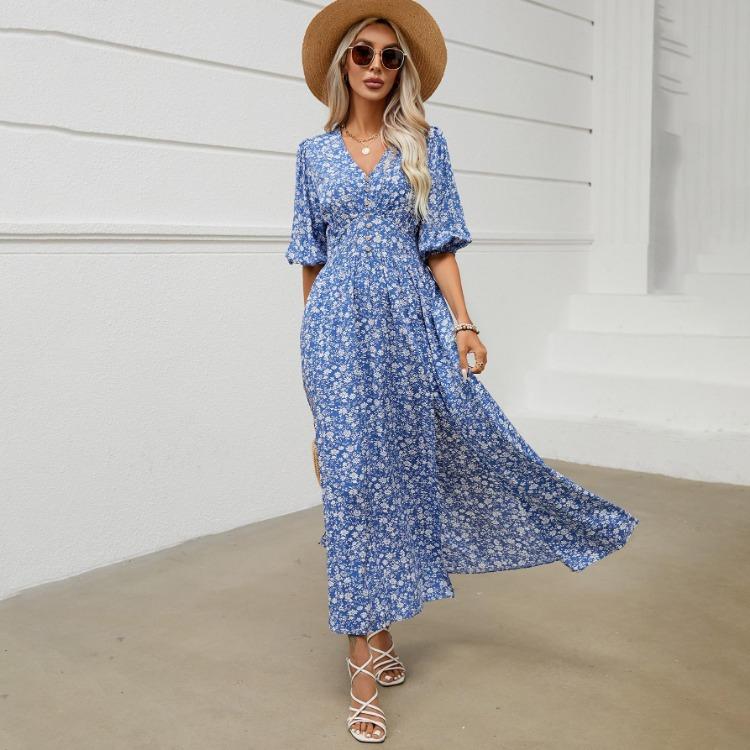 Women Casual Bohemian Beach Floral Print V-neck Short Sleeve A-Line High Waist Elastic Ankle-Length Slit Spring Summer Dress