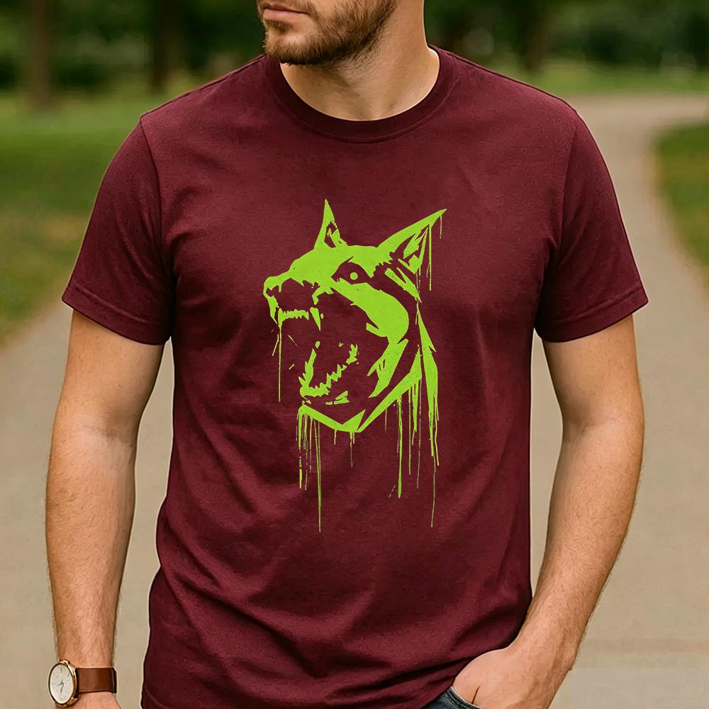 Neon Green Drip Paint Roaring Wolf Head Graphic T Shirt Unisex Cotton Short Sleeve Urban Graffiti Streetwear Skate Fan Tee