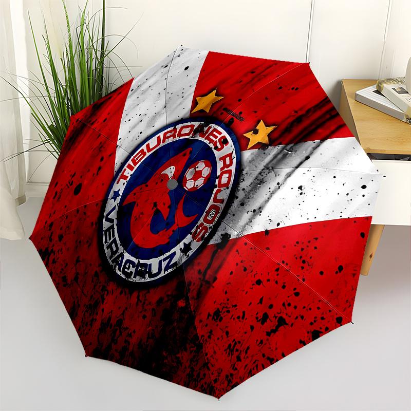 Tiburones Rojos, Veracruz Automatic Folding Umbrella 8 Ribs, Durable Iron Frame, Bright Color Pattern Compact Travel Umbrella, Suitable for