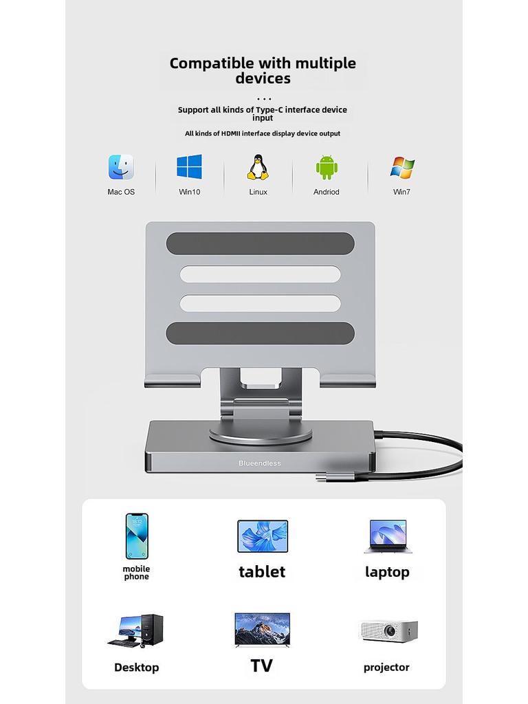 4K 60Hz USB-C Docking Station with Gigabit Ethernet, USB 3.2 Hub, and Rotating Stand for Phones and Tablets