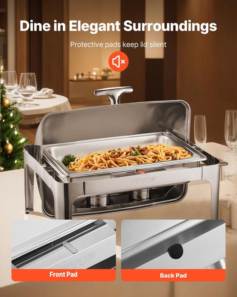 9Qt Rectangle Roll Top Chafing Dish Set with Full-Size Pan Stainless Steel