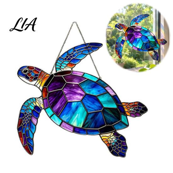 Hanging Coastal Wall Art Sea Turtle Suncatcher, Acrylic Window Ornament, Faux Stained Glass Indoor Outdoor Ornaments Decor for Ocean Lovers,