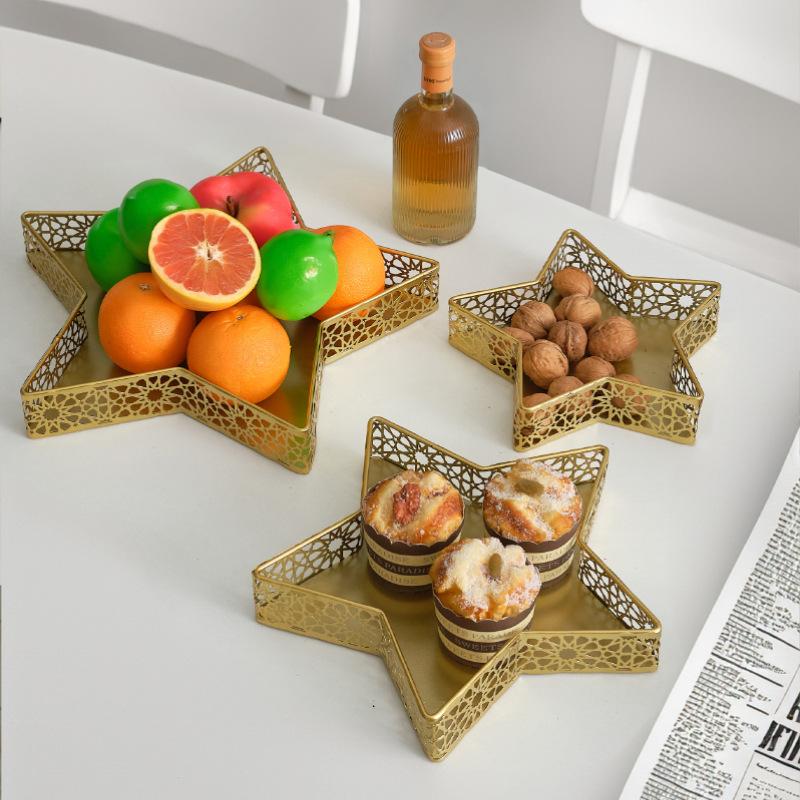 Ramadan Tray Eid Mubarak Star Tray Islam Muslim Al-Fitr Iftar Party Food Serving Tray, Ramadan Metal Platters Table Decor for Breakfast Dessert Pastry