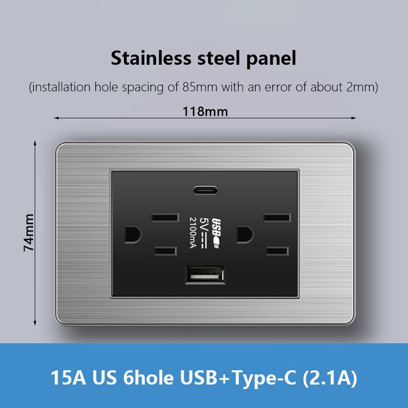 Настенная розетка американского стандарта USB C, с разъемом для быстрой зарядки TYPE-C, панель с выключателем света из нержавеющей стали американского мексиканского стандарта