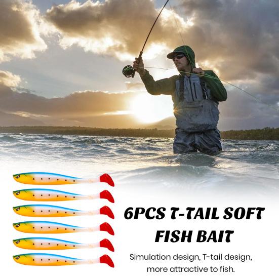 6Pcs Fishing Lure Soft Baits Set Simulation T-Tail Swimbait Professional Bionic Bait Reusable Freshwater Saltwater Artificial Bait Bass Fishing Lures