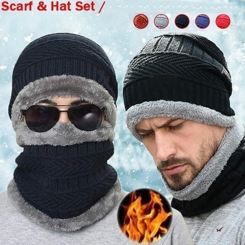Windproof Winter Wool Hat with Hooded Scarf, Earflap Knit Cap, and Warm Masks for Men and Women