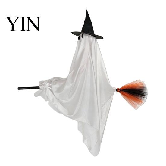 Decorative Halloween Witch Ghost Hanging with Broom Decoration, Flying Ornament for Funny Door Hanger Haunted House Porch Tree Spooky Outdoor