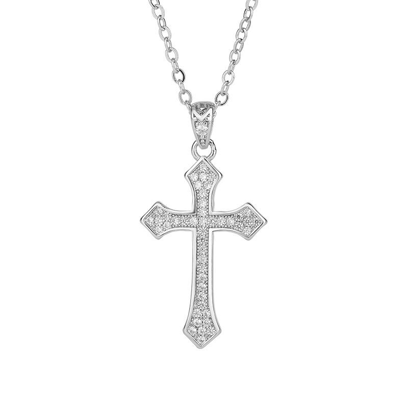 White Gold-Plated Cross Pendant Micro-Paved Necklace, Non-Fading, Christmas Gift Jewelry