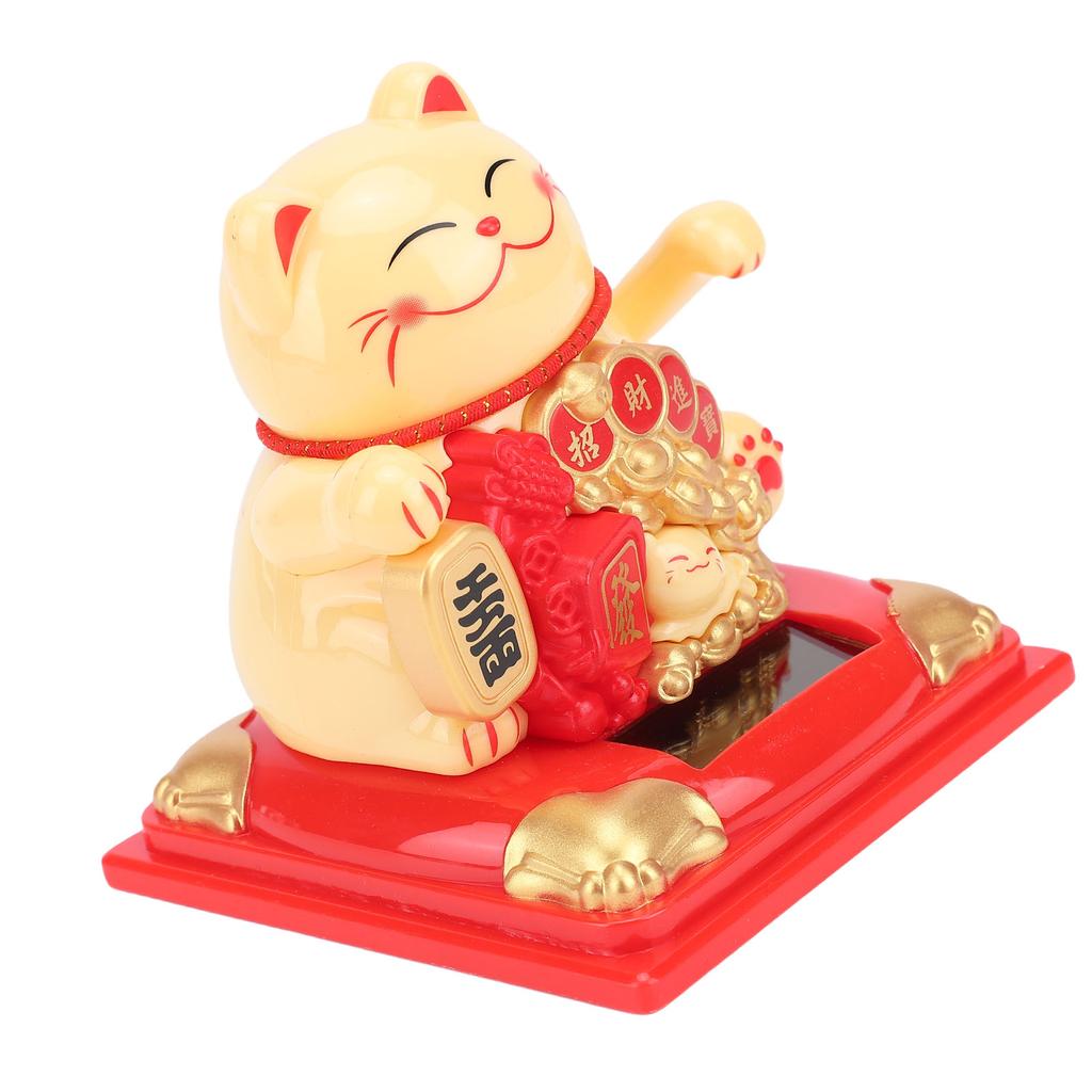 Lucky Cat Statue Vivid Lovely Waving Arm Solar Powered Fortune Cat with Dust Cover for Home Business Ornament Yellow